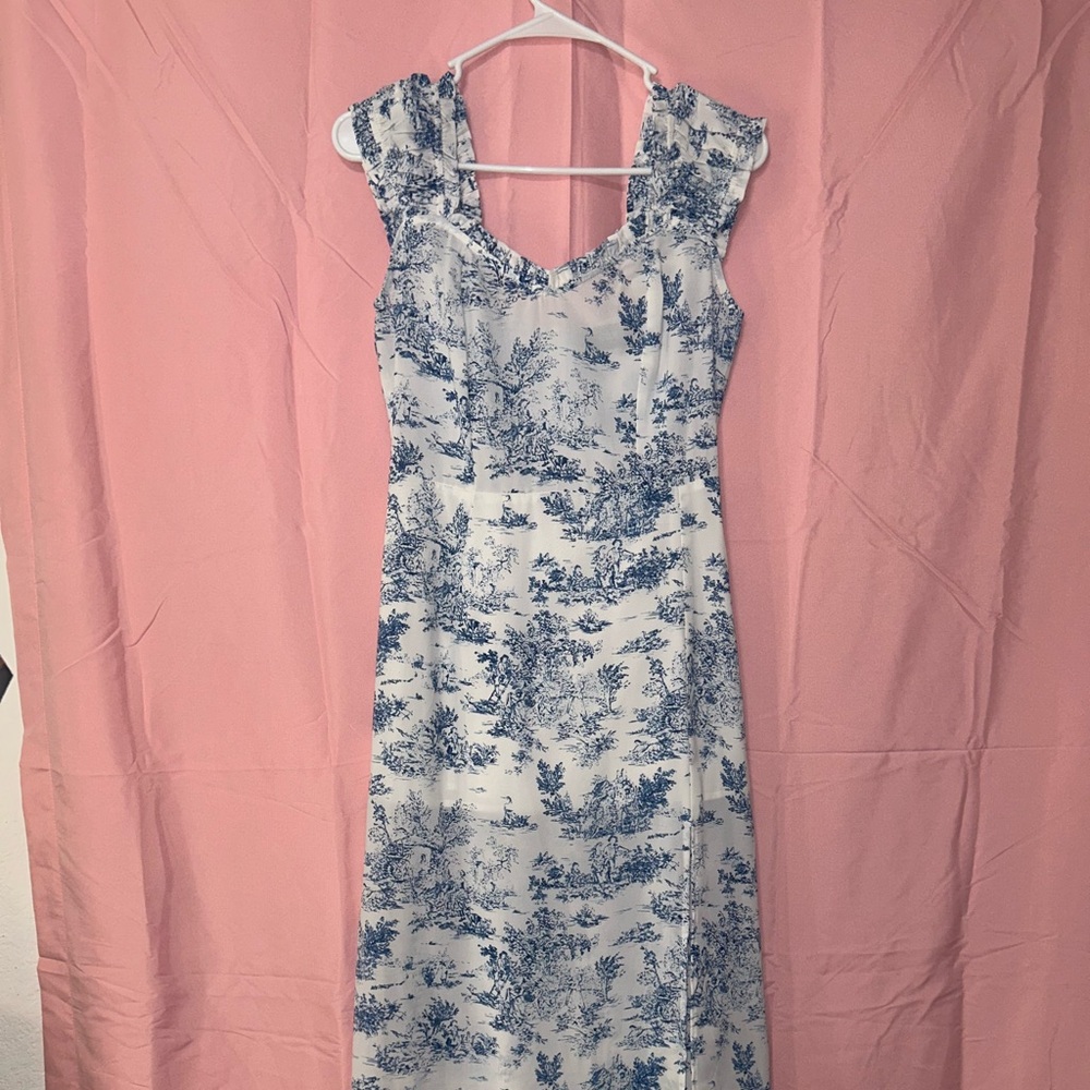 Cider Blue and White Sheath Midi Dress with Flutter Sleeves